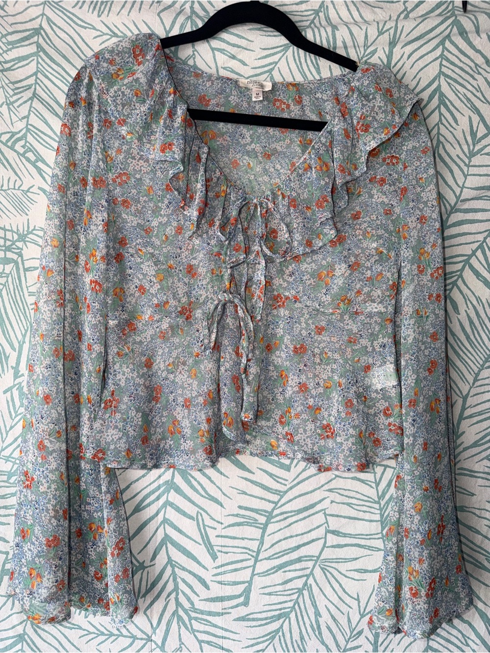 Dizzy Sky-Blue Floral Ruffle Tie Blouse